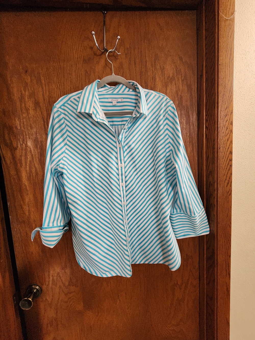 Chico's Teal and White Striped Button-Down Shirt